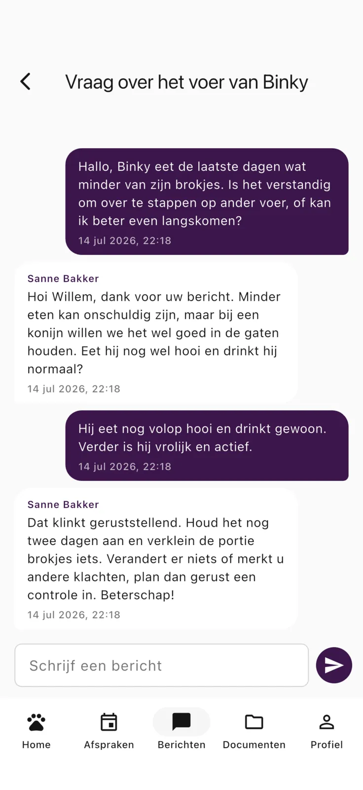 Scherm Berichten in de Zoravet-app.