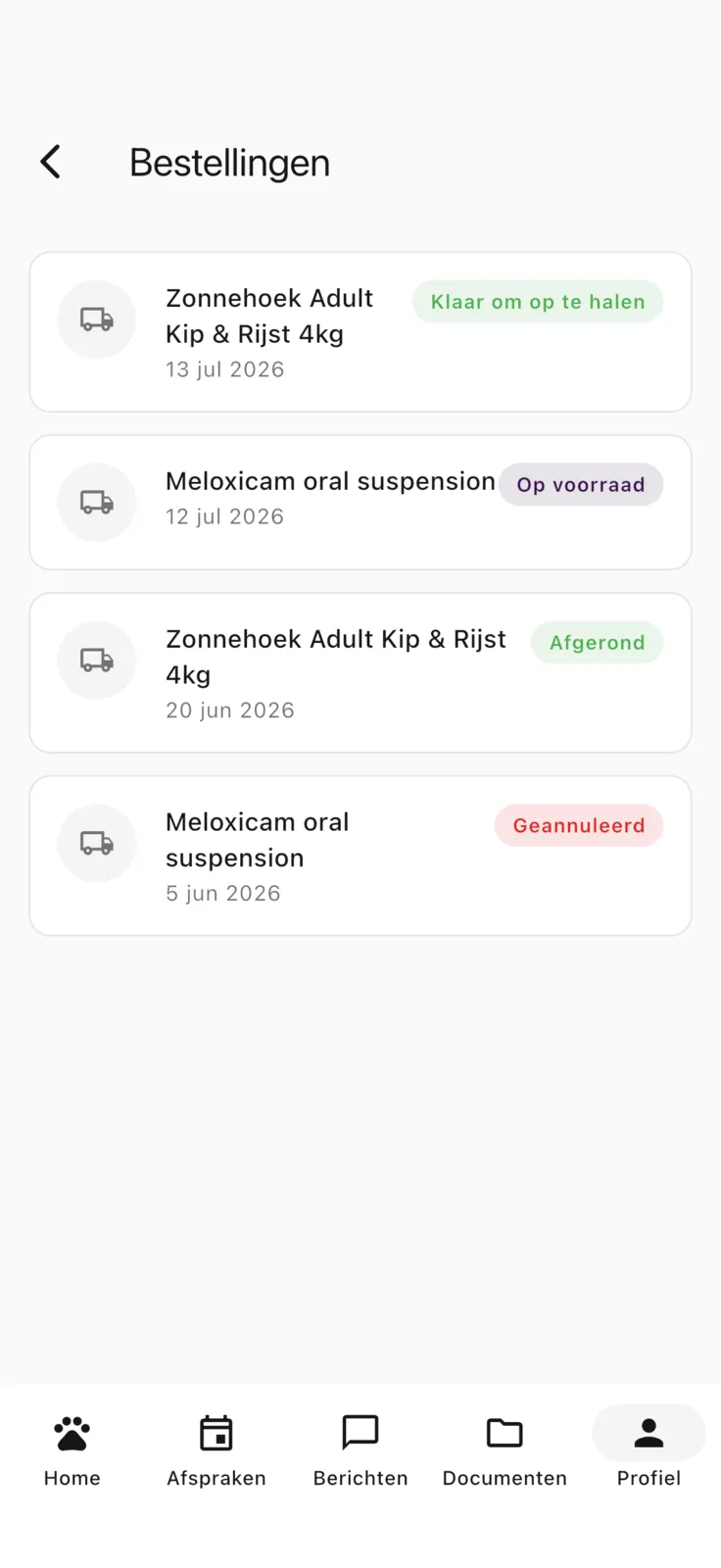 Scherm Bestellingen in de Zoravet-app.