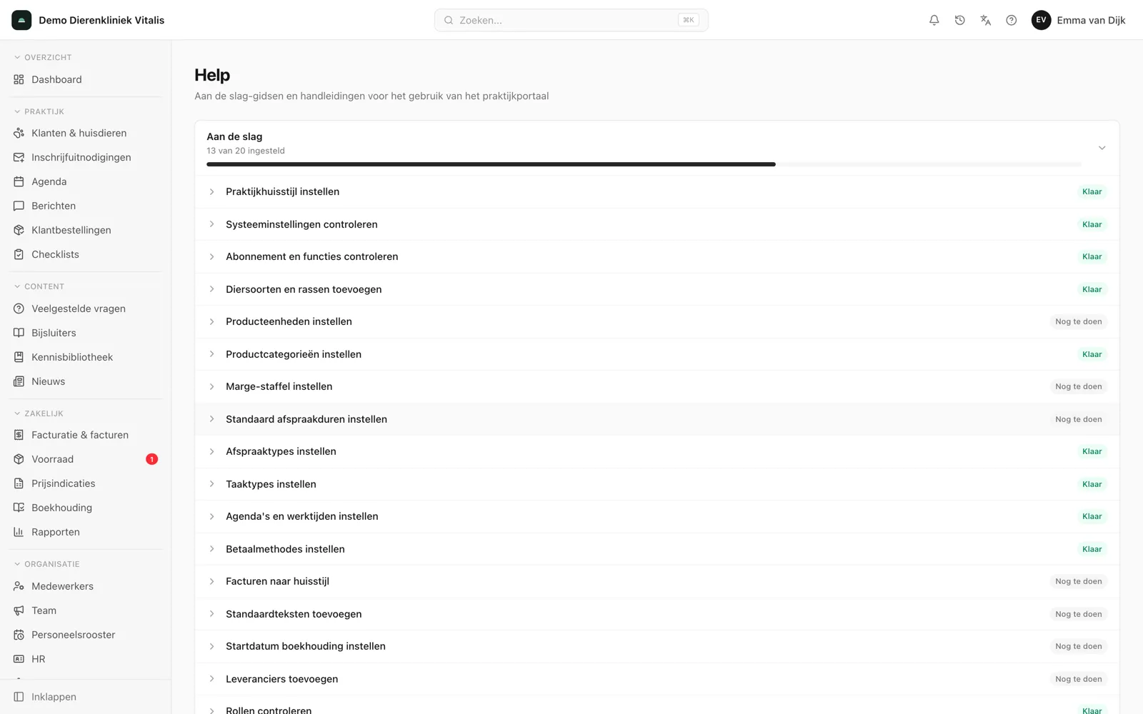 De aan-de-slag-checklist in het kliniekportaal, met per stap een status.