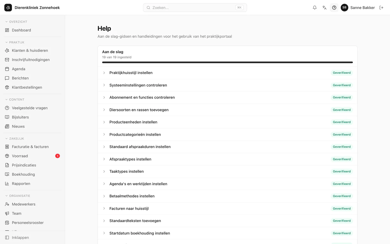 De aan-de-slag-checklist in het kliniekportaal, met per stap een status.