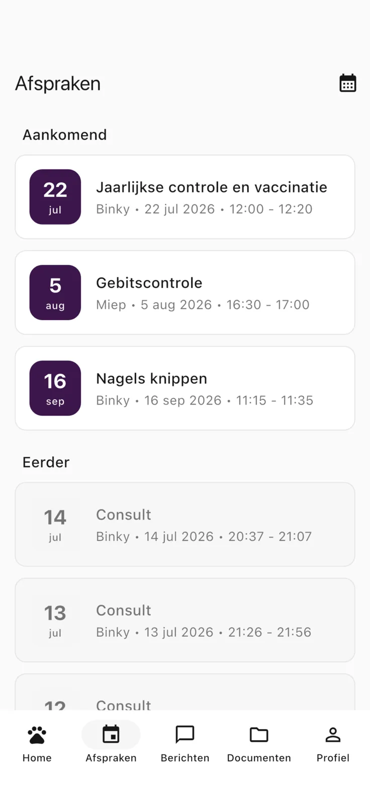 Scherm Herinneringen in de Zoravet-app.