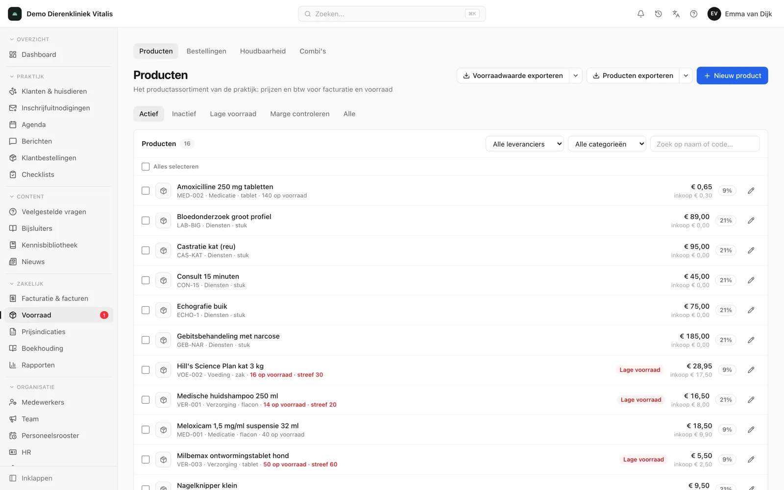 Productenoverzicht in de voorraadmodule met categorieën en artikelcodes.