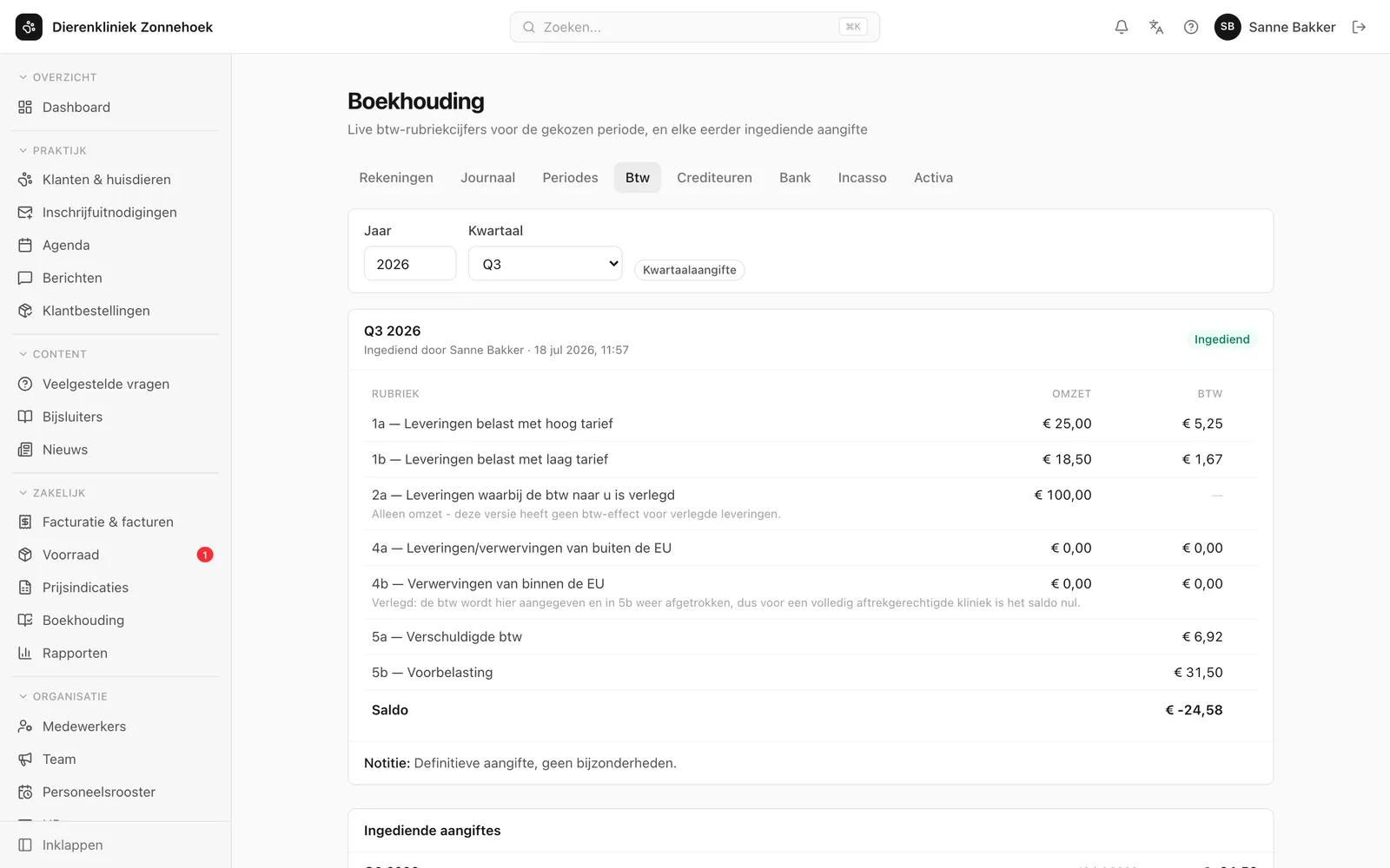 Btw-aangifteoverzicht per kwartaal met de standaard Nederlandse rubrieken.