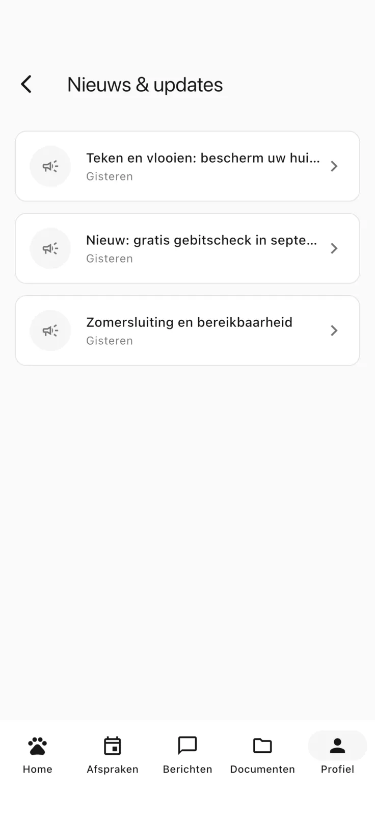 Scherm Nieuws in de Zoravet-app.