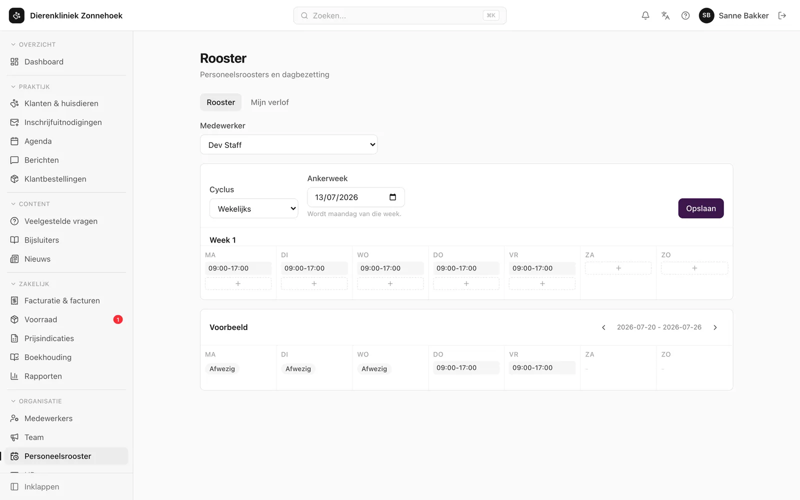 Personeelsrooster met een weekpatroon en de planning voor de actuele week.